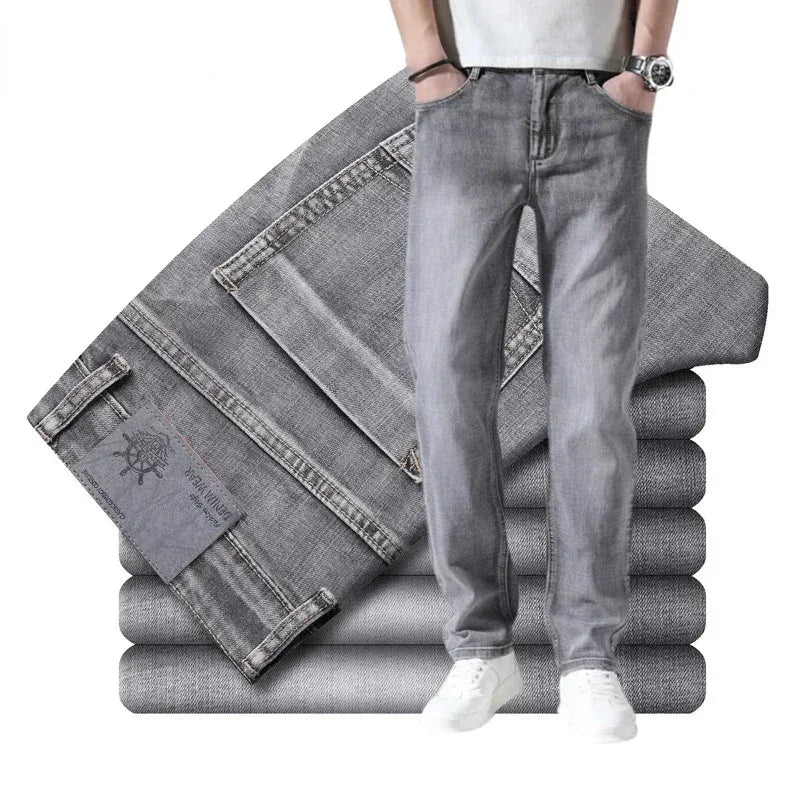 2024 Cotton Stretch Jeans Business Casual Men's Thin Denim Jeans Grey Spring Summer Brand New Fit Straight Lightweight Men Clothes Store