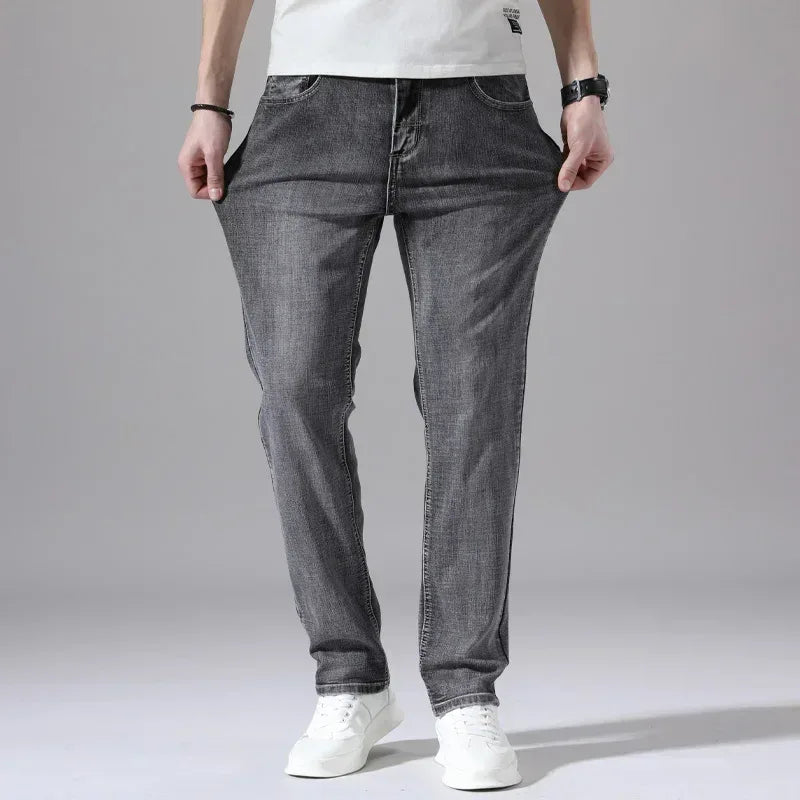 2024 Cotton Stretch Jeans Business Casual Men's Thin Denim Jeans Grey Spring Summer Brand New Fit Straight Lightweight Men Clothes Store