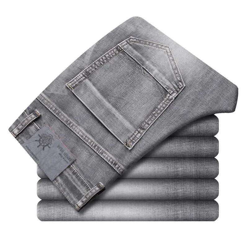 2024 Cotton Stretch Jeans Business Casual Men's Thin Denim Jeans Grey Spring Summer Brand New Fit Straight Lightweight Men Clothes Store