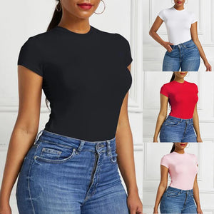 Sexy One Piece Bodycon Bodysuit Short Sleeve O Neck Open Basic White Black Red Overalls Women Body Top Skinny Rompers Female new gift 2022 Store