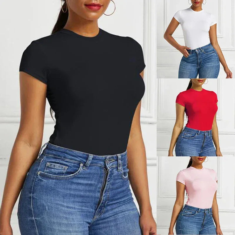 Sexy One Piece Bodycon Bodysuit Short Sleeve O Neck Open Basic White Black Red Overalls Women Body Top Skinny Rompers Female new gift 2022 Store