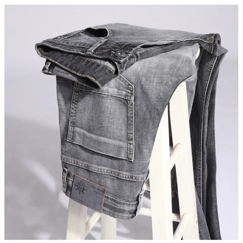 2024 Cotton Stretch Jeans Business Casual Men's Thin Denim Jeans Grey Spring Summer Brand New Fit Straight Lightweight Men Clothes Store